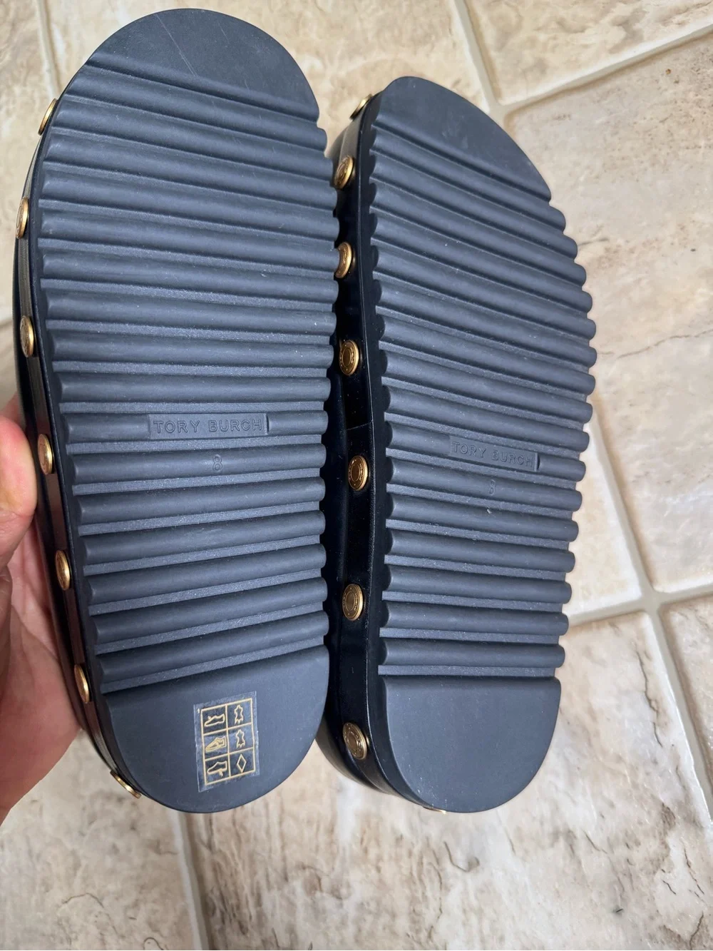Tory Burch Black Leather Platform Clogs with Gold Studs